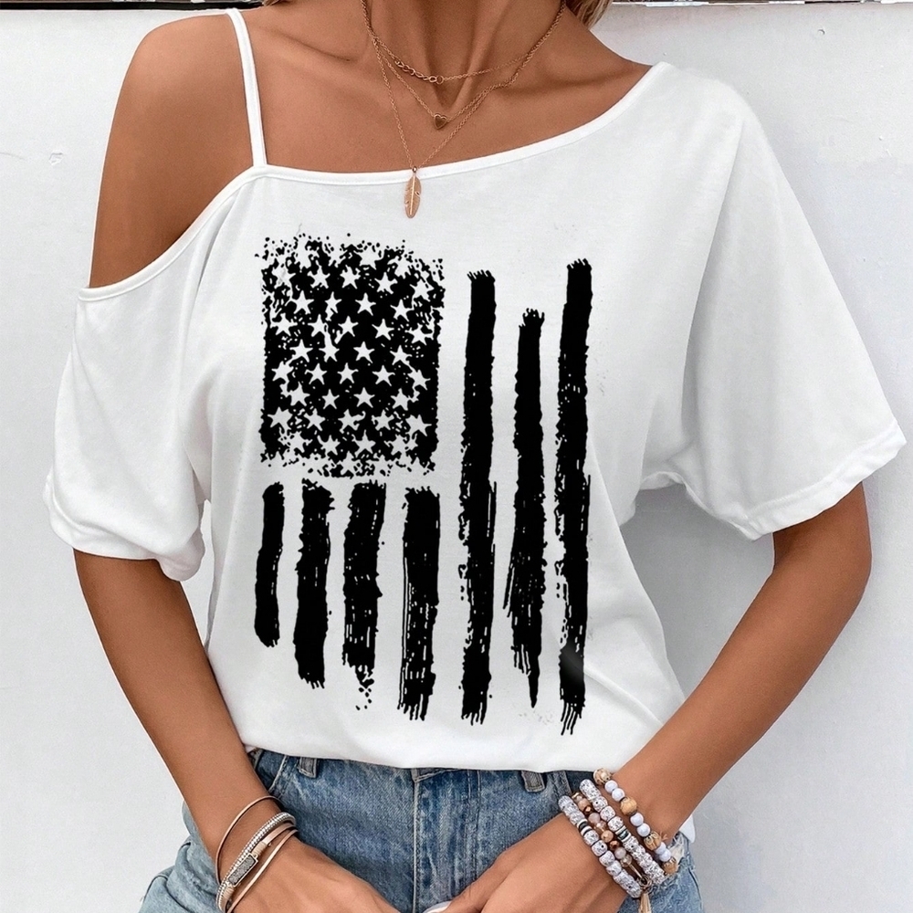 Asymmetrical Neck Short Sleeve American Flag Print Oversized Women T-Shirt, - Picture 2 of 3